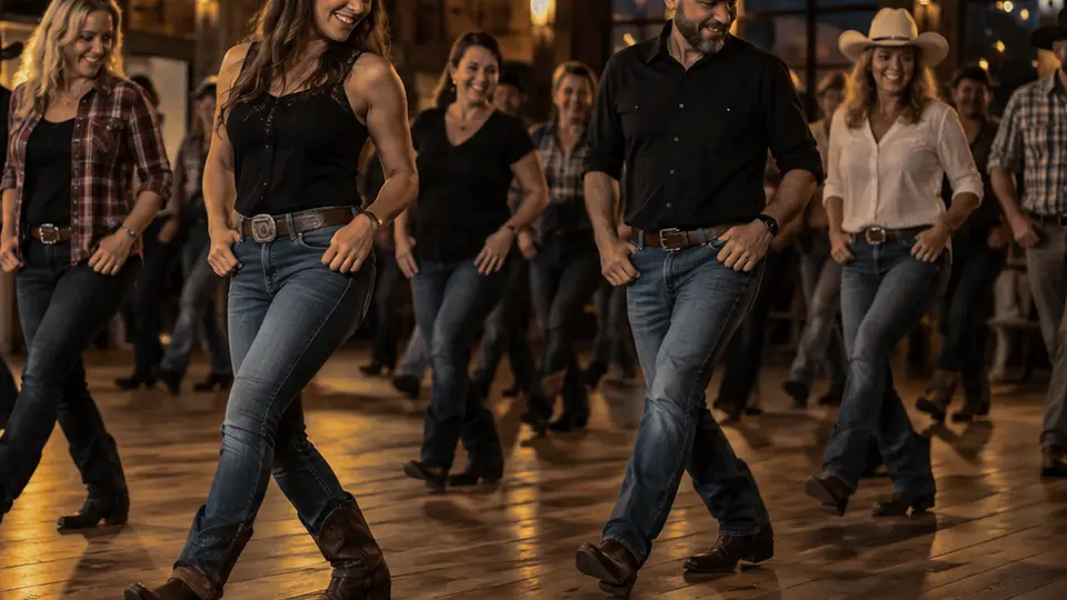 Line-Dance-Gruppe in synchroner Bewegung